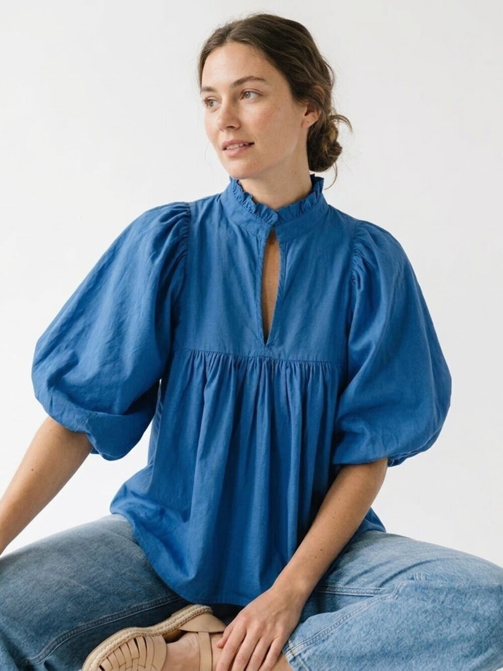 NEVER A WALLFLOWER Blue Poplin Puff Sleeve Babydoll Top Small